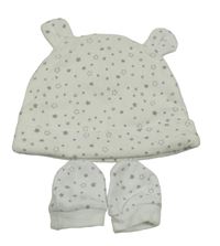 2 set - bílo-šedá bavlněná čepice s hvězdičkami + bavlněné rukavice 