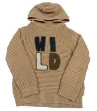 Hnědý žebrovaný svetr s nápisem a kapucí Kiki&Koko