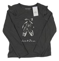 Nové - tmavošedé triko s botami a volánky Primark