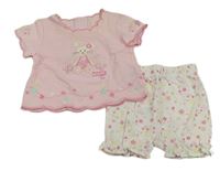 2set - Růžové tričko s myškou + bílé květované kraťasy George