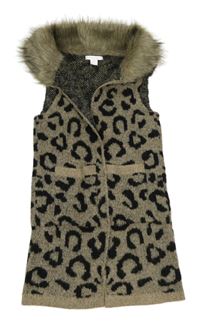 Béžovo-černá úpletová vesta s leopardím vzorem a kožešinovým límcem Primark