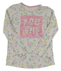 Světlešedé květované triko s nápisem Kids