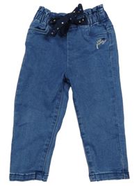 Modré teplákové skinny rifle s nápisem a páskem Orchestra 