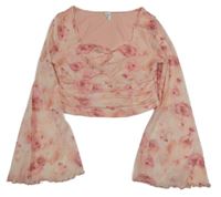 Světlerůžové květované šifonové crop triko Shein