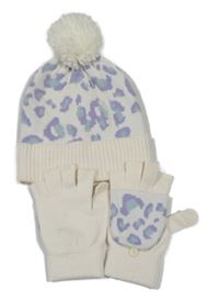 2set - Bílo-lila-modrá čepice s leopardím vzorem a bambulí + bezprstové rukavice 