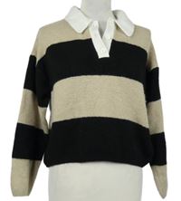 Dámský černo-béžový pruhovaný crop svetr s límečkem Primark 