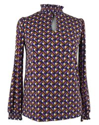 Dámská růžovo-modro-oranžová vzorovaná halenka se stojáčkem 