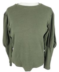Dámské khaki žebrované triko s nabíranými rukávy Primark 