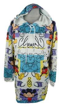 Dámská bílo-barevná mikinová oversized tunika s Mickeym a kapucí 