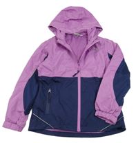 Fialovo-tmavomodrá šusťáková jarní funkční bunda s nápisem a kapucí Crane