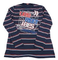 Tmavomodro-červeno-bílé pruhované triko s nápisem Y.F.K.