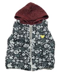 Černá šusťáková zateplená vesta s Mickey Mousem a kapucí 