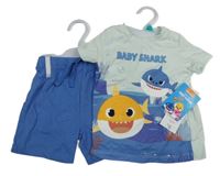 Nové -  2 set - modré kraťasy + světlemodré tričko s BabyShark 