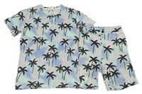 2set - Modro-růžové vzorované tričko + teplákové kraťasy s palmami H&M 