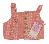 Růžový crop top s kytičkami a volánky 