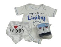 3set - Bílé body s nápisem + slinták s nápisem + ponožky s výšivkou 