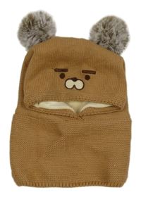 Karamelová pletená podšitá kukla s čumákem a bambulemi 