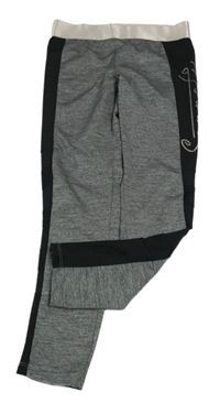 Černo-šedo-melírované sportovní legíny s nápisem a růžovým pasem