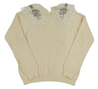 Vanilkový svetr s tylovým límcem a kamínky River Island