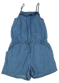 Modrý lehký kraťasový overal s volánkem a výšivkami Yigga