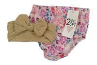 2set - Růžové kalhotky s kytičkami + béžová čelenka s mašlí