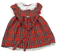 Červeno-barevné kostkované šaty s páskem a krajkou 