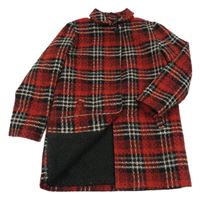 Červeno-černo-pudrový kostkovaný vlněný zateplený kabát Next 