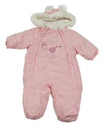 Světlerůžová šusťáková zimní kombinéza s ptáčkem a kapucí 