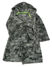 Šedý army chlupatý župan s páskem a kapucí Primark 