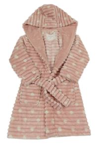 Světlerůžový chlupatý žebrovaný puntíkatý župan s kapucí F&F