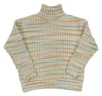 Bílo-barevný pruhovaný vlněný svetr s rolákem Dunnnes