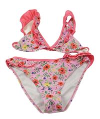 Růžové kytičkované dvoudílné plavky s volánky