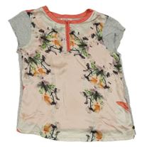 Broskvovo-šedé tričko s květy a zipem Fracomina