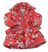 Malinový prošívaný šusťákový zimní kabát s růžemi a volánky Le Chic