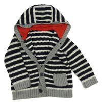 Tmavomodro-bílo-šedý pruhovaný žebrovaný pletený propínací svetr s kapucí George