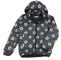 Tmavošedá melírovaná prošívaná šusťáková zateplená bunda s míči a odepínací kapucí H&M