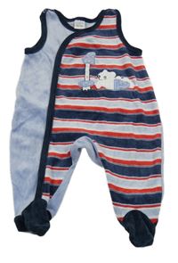 Světlemodro-tmavomodro-červeno-bílé pruhované sametové dupačky s medvídkem