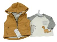 Nové - 2Set - Písková prošívaná šusťáková zateplená vesta s kapucí + bílo/šedé triko s dinosaury F&F