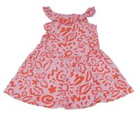 Růžovo-červené vzorované letní šaty s květy a lístečky a sluníčky a volánkem PRIMARK