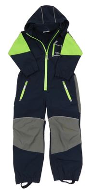 Tmavomodro/šedo-křiklavě zelená softshellová kombinéza s kapucí Topolino