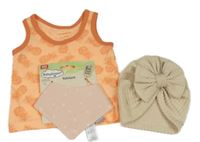 Nové - 3Set - Světleoranžovo/oranžová košilka s ananasy PRIMARK + světlerůžový šátek s květy + světlebéžová žebrovaná turbanová čepice s mašlí