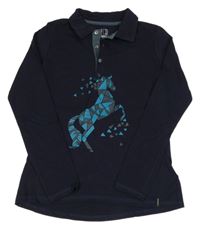 Tmavomodré funkční jezdecké triko s koníkem a límečkem FOuganza