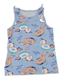 Světlemodrý melírovaný top s kruhy-jednorožci/plameňáky