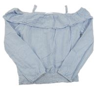 Modro-bílá pruhovaná krepová crop halenka s volánkem a volnými rameny H&M
