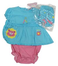 Nové - 2Set - Azurové plátěné šaty se lvíčkem a všitým růžovým body + klobouk Dizzy Daisy