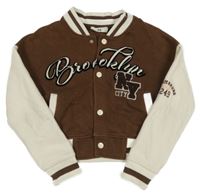 Tmavohnědo-smetanová baseballová crop mikina s nápisem a písmenky a číslem C&A