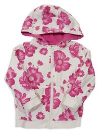 Bílo-tmavorůžová květovaná propínací mikina s volánky s madeirou a kapucí so cute