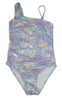 Lila-zeleno-růžové batikované třpytivé jednodílné plavky Primark