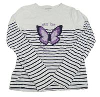 Bílo-tmavomodré triko s pruhy a motýlem Inextenso
