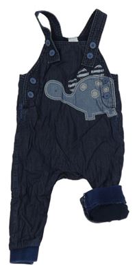 Tmavomodré podšité laclové kalhoty riflového vzhledu s dinosaurem Miniclub